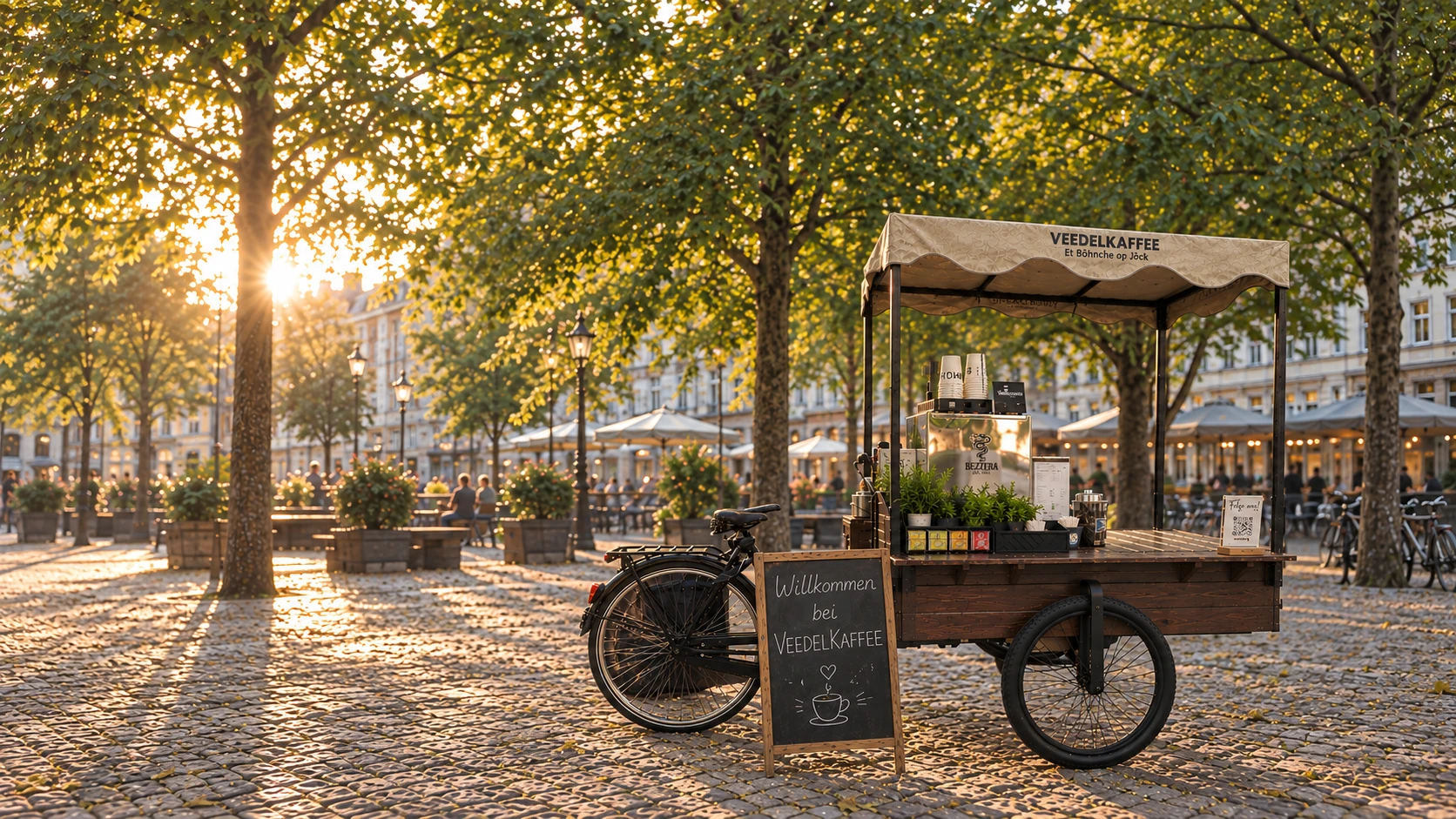 VEEDELKAFFEE Coffeebike auf einem Kölner Platz im Abendlicht