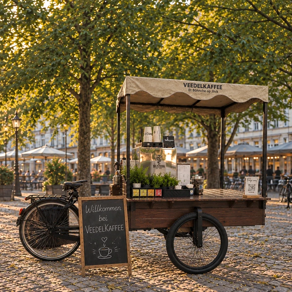 VEEDELKAFFEE Coffeebike auf einem Kölner Platz im Abendlicht